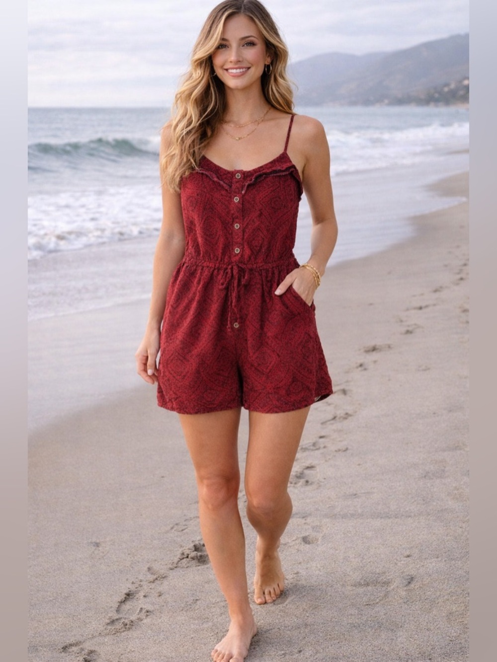 Forever 21 Red Boho Romper Rayon Button Front XS